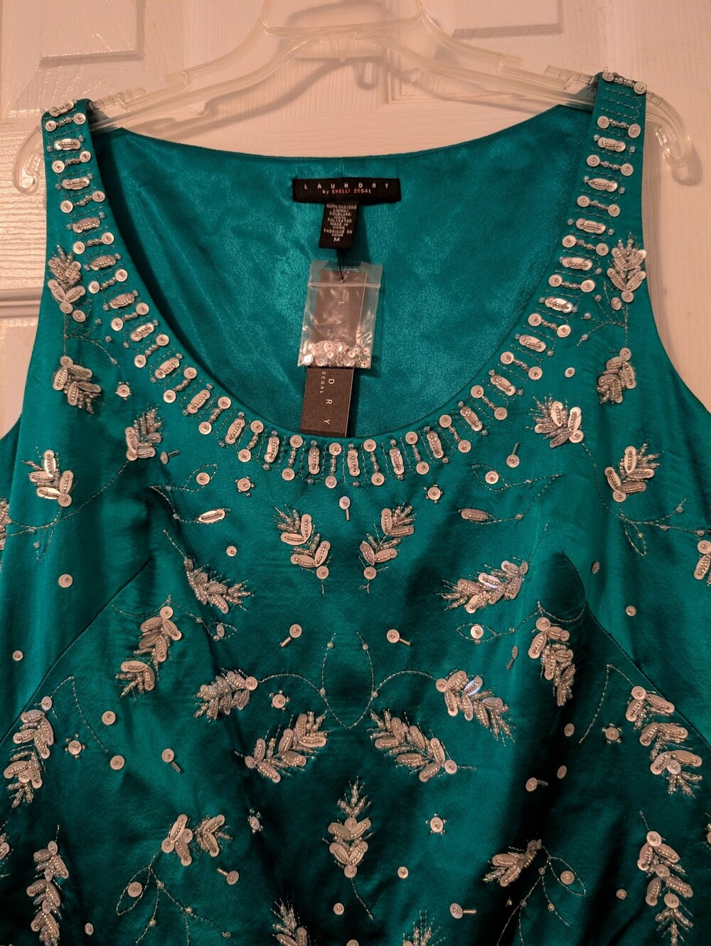 Laundry by Shelli Segal Beaded Silk Sleeveless Blouse Tank Top Medium Teal - Picture 3 of 7